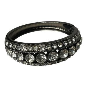 Black Gunmetal Hinged Bangle Bracelet w/ Clear Rhinestones Statement Glam